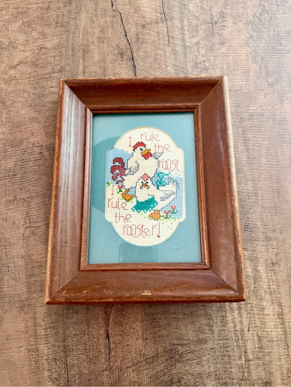 Vintage Framed Cross Stitch “I Rule the Roost” Rooster Chicken Wall Art